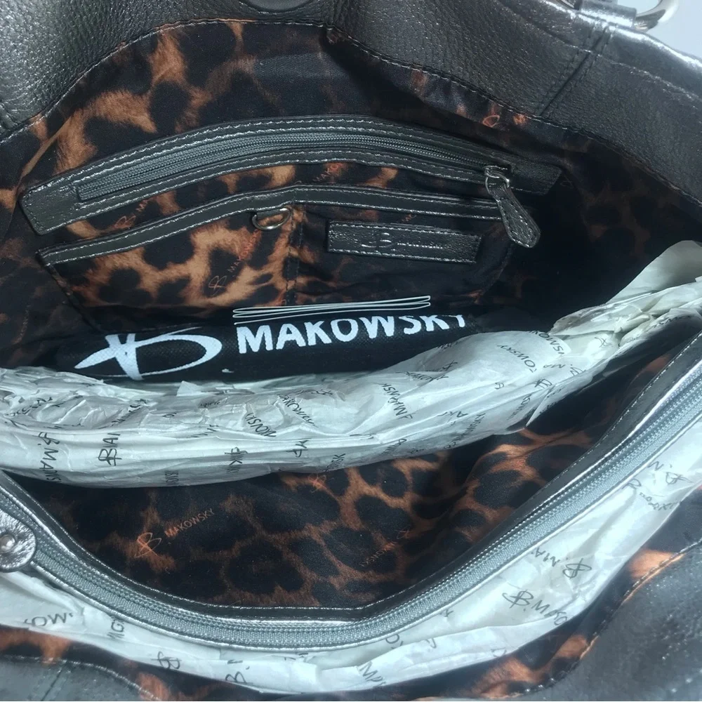 b. makowsky Pewter Metallic Leather XL Tote Bag NWT